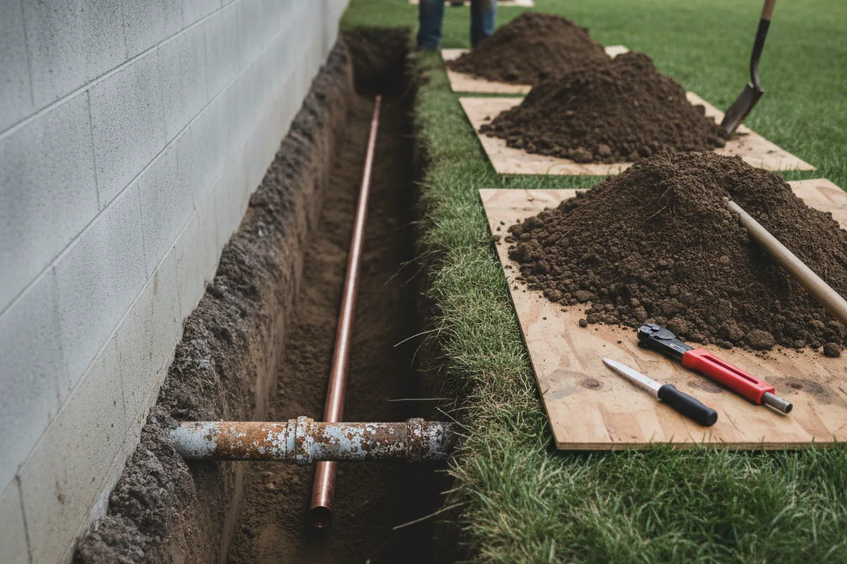 Excavated water line trench during Water Softener Installation in Echo